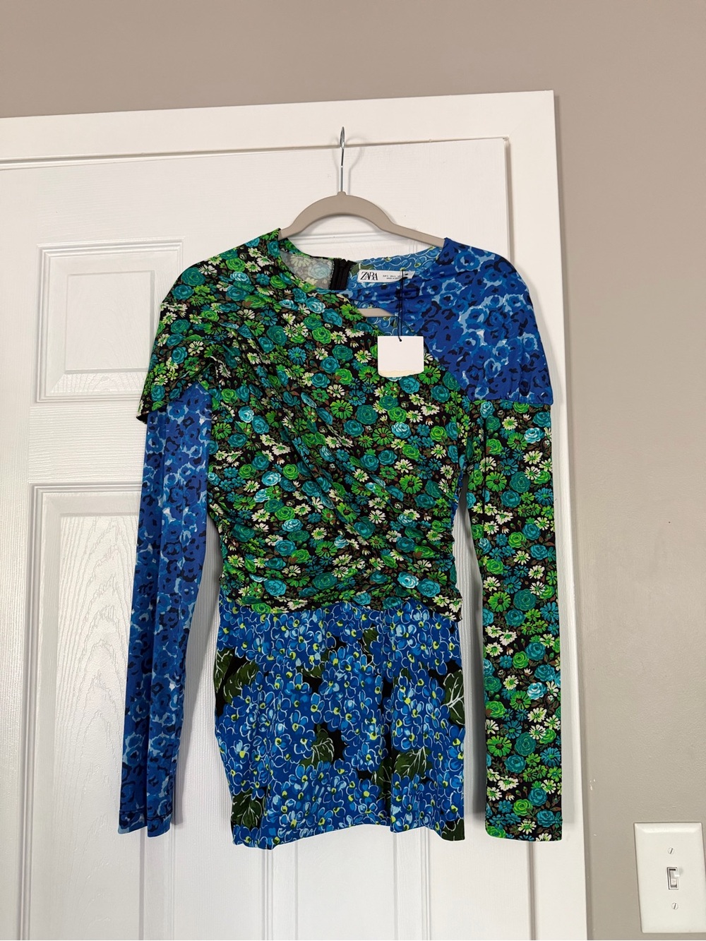 Zara Blue Bodycon Printed Long Sleeve Blouse Top